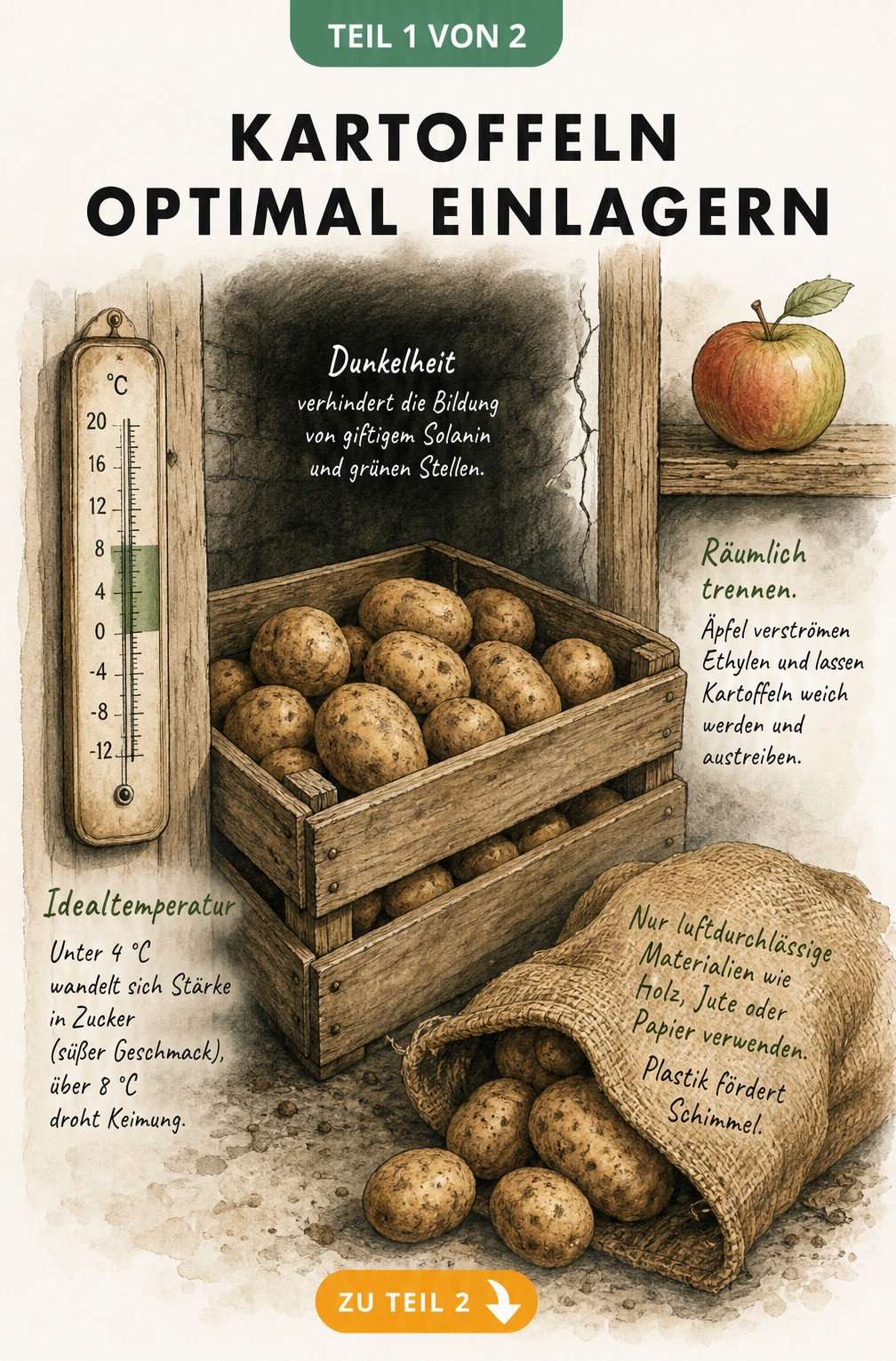 Illustration einer Holzkiste mit Kartoffeln, einem Thermometer und einem Apfel zur Veranschaulichung der optimalen Lagerbedingungen