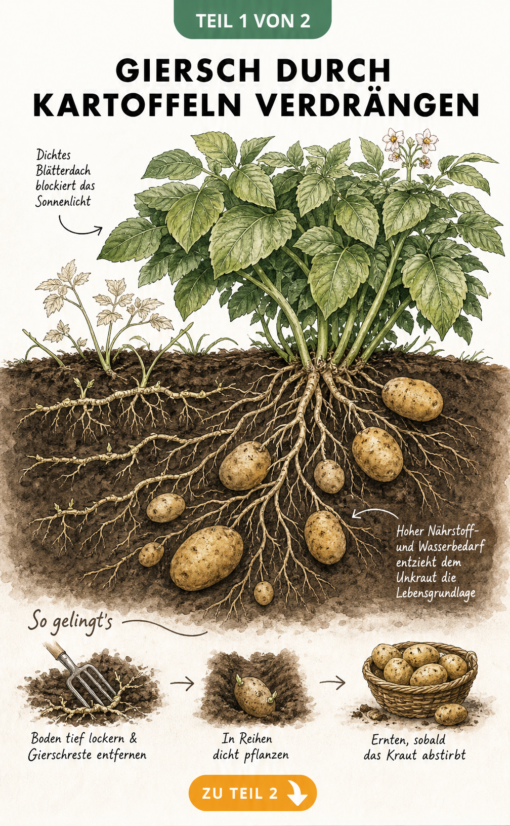 Querschnitt eines Gartenbeets: Kartoffelpflanze mit dichtem Blätterdach und tiefen Wurzeln verdrängt kleinen Giersch