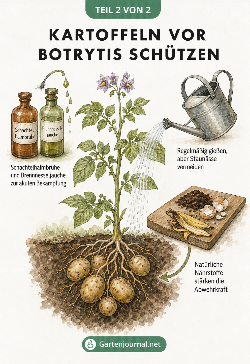 Illustration eines gesunden Kartoffelbeets mit Gießkanne, natürlichen Düngern und Hausmitteln gegen Botrytis