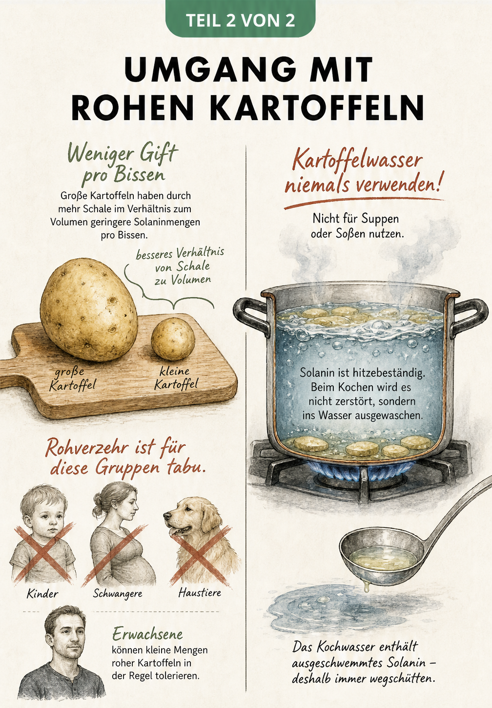 Aquarell-Illustration zum Umgang mit rohen Kartoffeln: Vergleich von großen und kleinen Knollen, Risikogruppen und Kochen im Topf