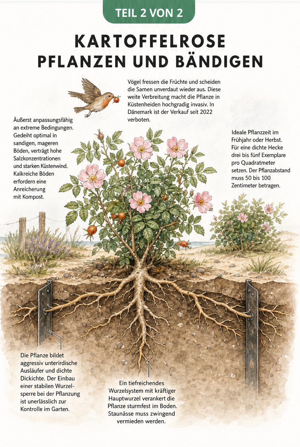 Querschnitt eines Gartenbeets mit Kartoffelrose, Wurzelwerk und Bodenbeschaffenheit