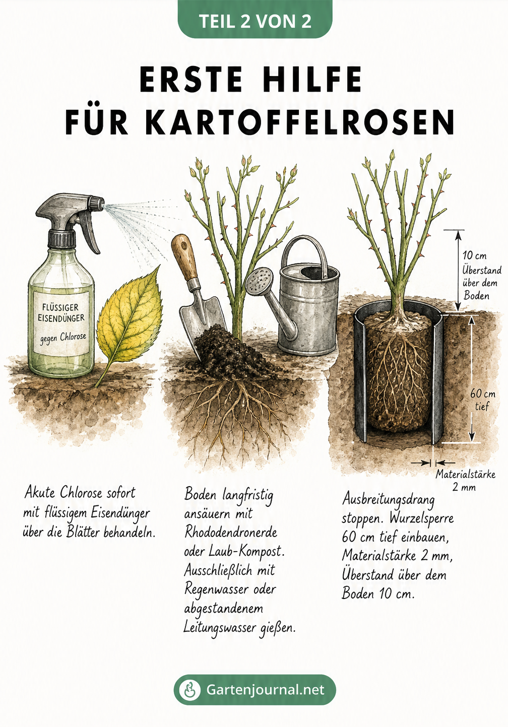 Skizze zur Ersten Hilfe bei Kartoffelrosen: Blattdüngung mit Eisendünger, Boden ansäuern und Einbau einer Wurzelsperre.
