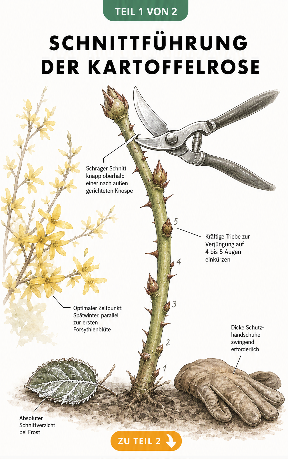 Illustration eines Kartoffelrosen-Triebes mit angesetzter Gartenschere und Markierungen für den richtigen Schnitt