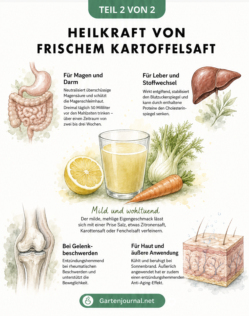 Übersicht der gesundheitlichen Wirkungen von frischem Kartoffelsaft auf Magen, Leber, Gelenke und Haut
