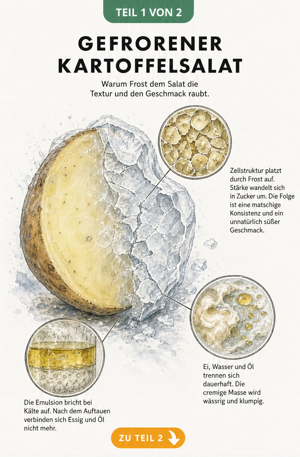 Illustration einer gefrorenen Kartoffelscheibe mit Detailansichten von geplatzten Zellen, getrennter Mayonnaise und gebrochener Essig-Öl-Emulsion.