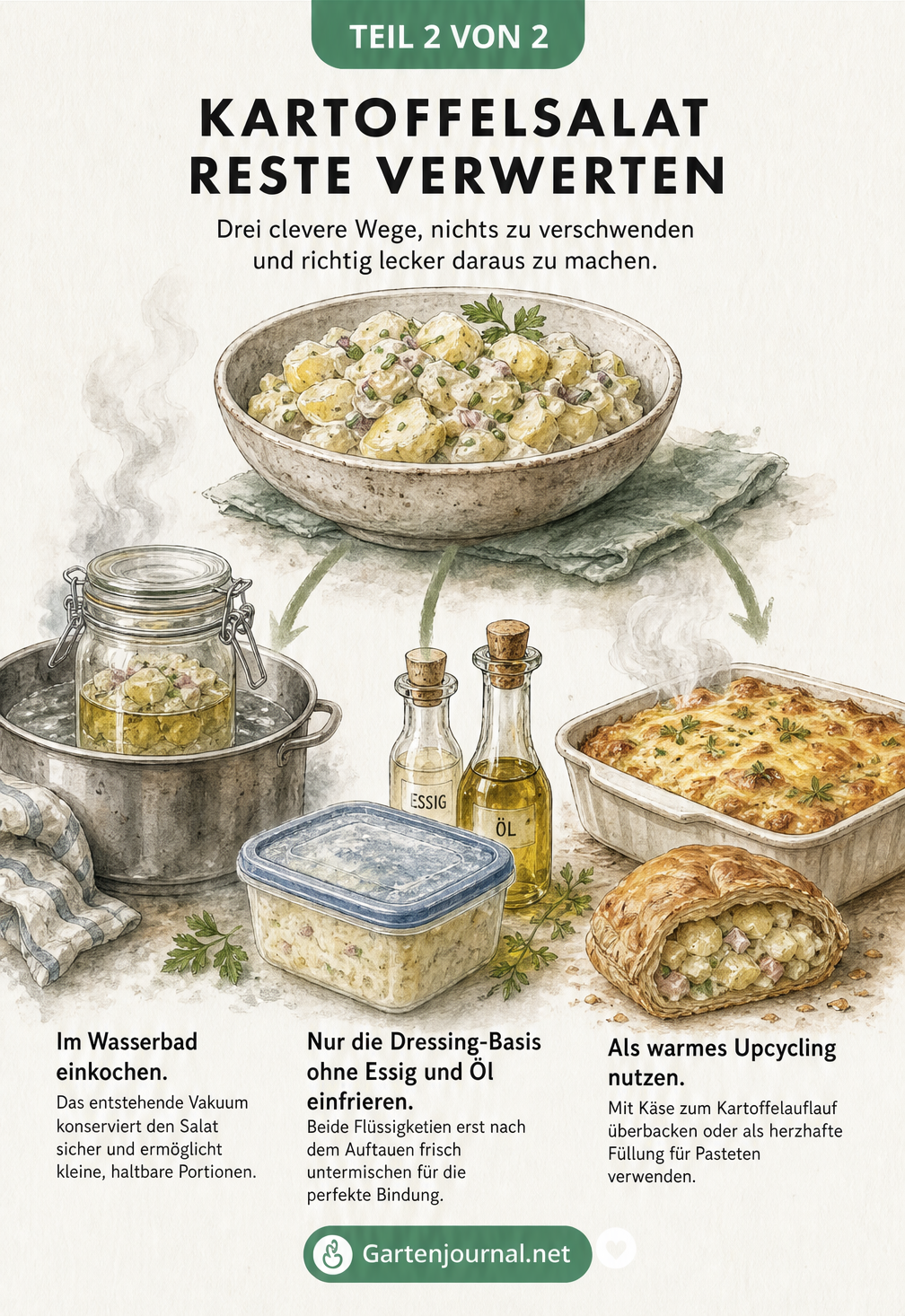 Illustration von drei Methoden zur Verwertung von Kartoffelsalat: Einkochen im Wasserbad, separates Einfrieren der Dressing-Basis und Überbacken als Auflauf.
