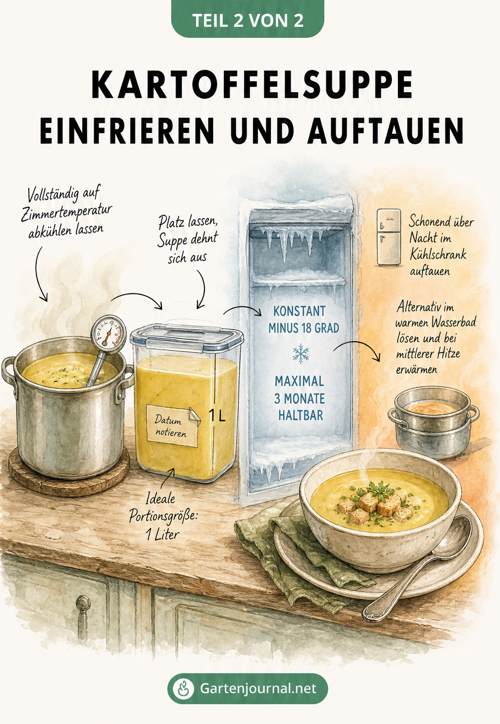 Handgezeichnete Küchenszene mit vier Stationen: Abkühlen im Topf, Portionieren im Gefrierbehälter, Einfrieren bei minus 18 Grad und Auftauen im Kühlschrank...