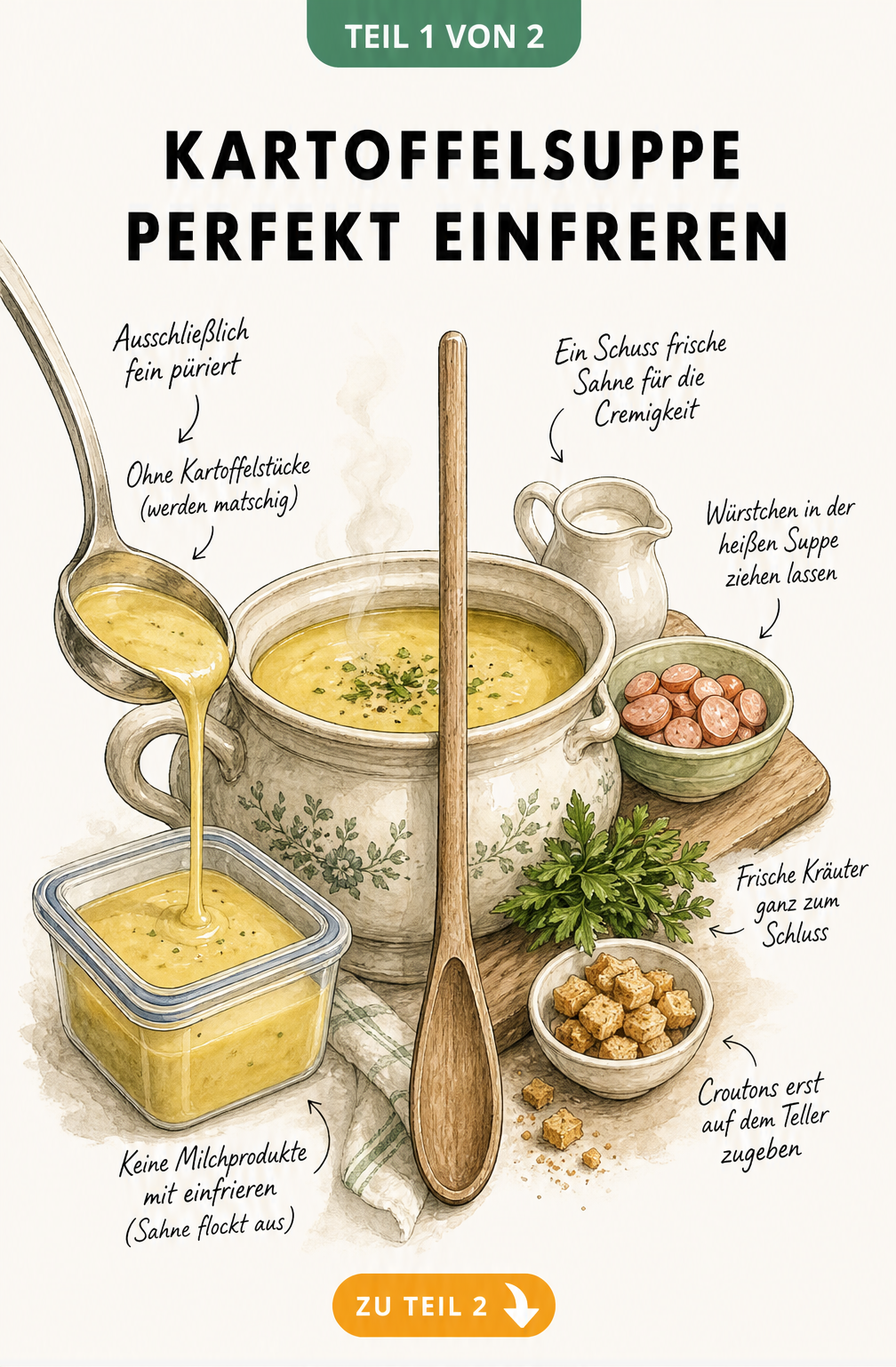 Illustration einer Suppenterrine, die links das Einfrieren von pürierter Kartoffelsuppe ohne Milchprodukte und rechts das Verfeinern mit Sahne und Kräutern...