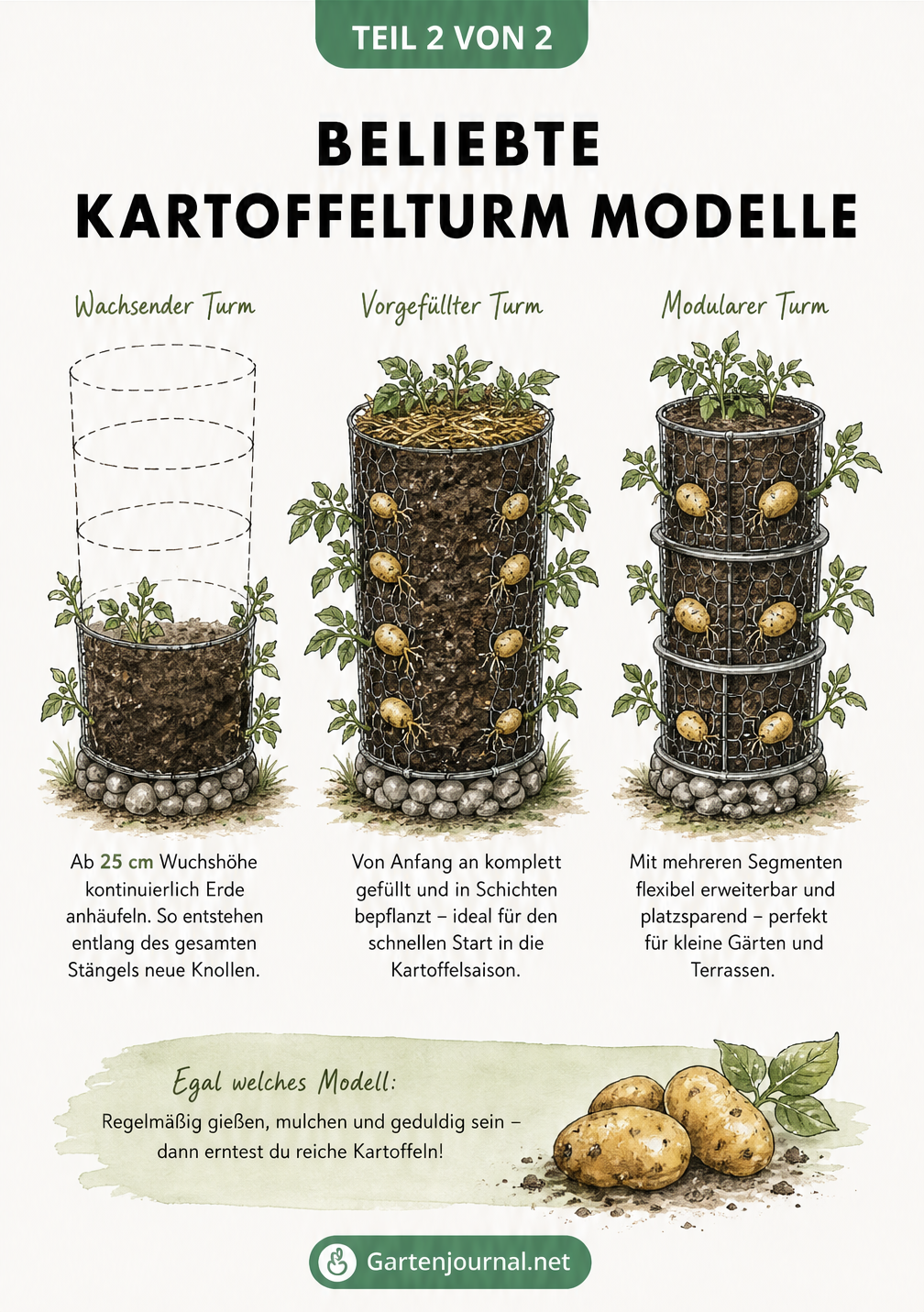 Illustration von drei verschiedenen Kartoffelturm-Modellen: wachsender Turm, Turm mit Erntetür und stapelbare Behälter