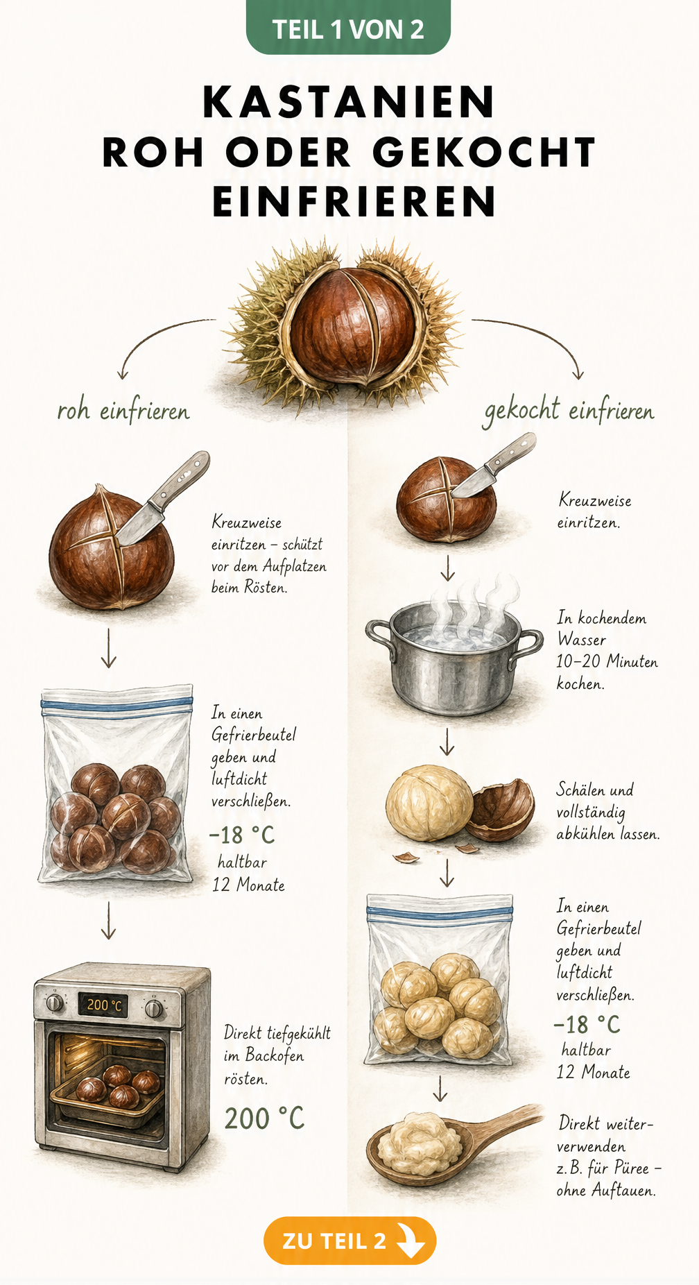 Illustration der Methoden zum Einfrieren von rohen und gekochten Kastanien mit Temperaturangaben und Haltbarkeit
