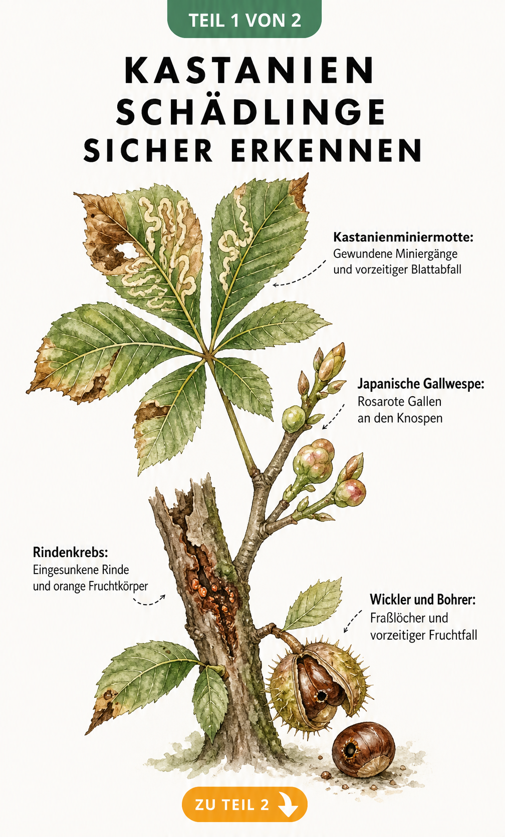 Illustration eines Kastanienzweigs mit typischen Schadbildern von Miniermotte, Gallwespe, Rindenkrebs und Wickler