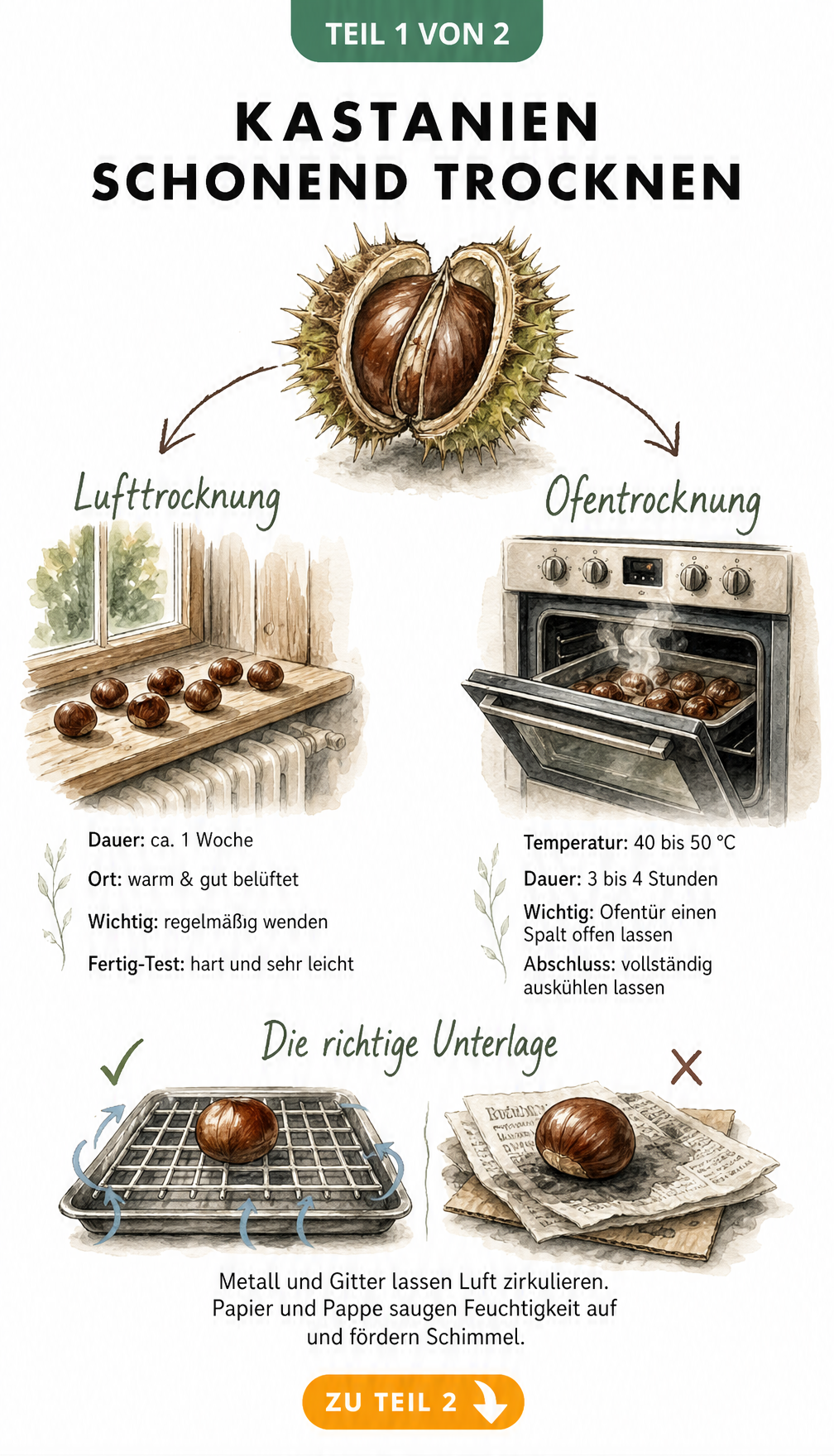 Illustration der Lufttrocknung und Ofentrocknung von Kastanien mit Hinweisen zur richtigen Unterlage