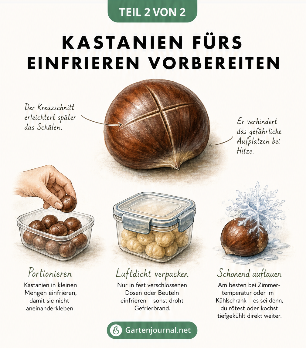 Zeichnung einer eingeritzten Kastanie mit Hinweisen zur Portionierung und Vermeidung von Gefrierbrand