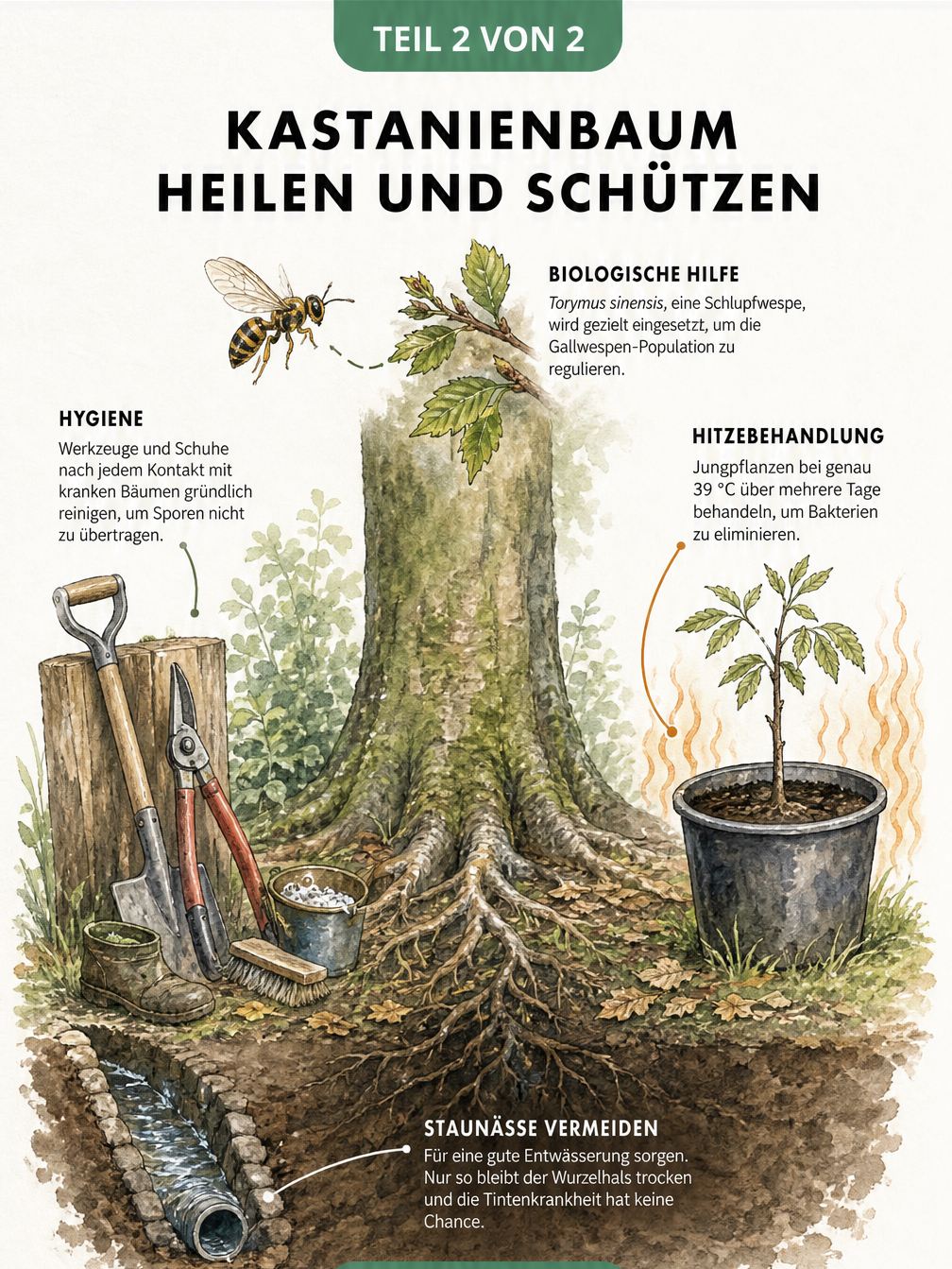 Illustration zur Heilung und zum Schutz von Kastanienbäumen: Entwässerungsgraben gegen Staunässe, saubere Gartengeräte, thermische Behandlung und Einsatz der...