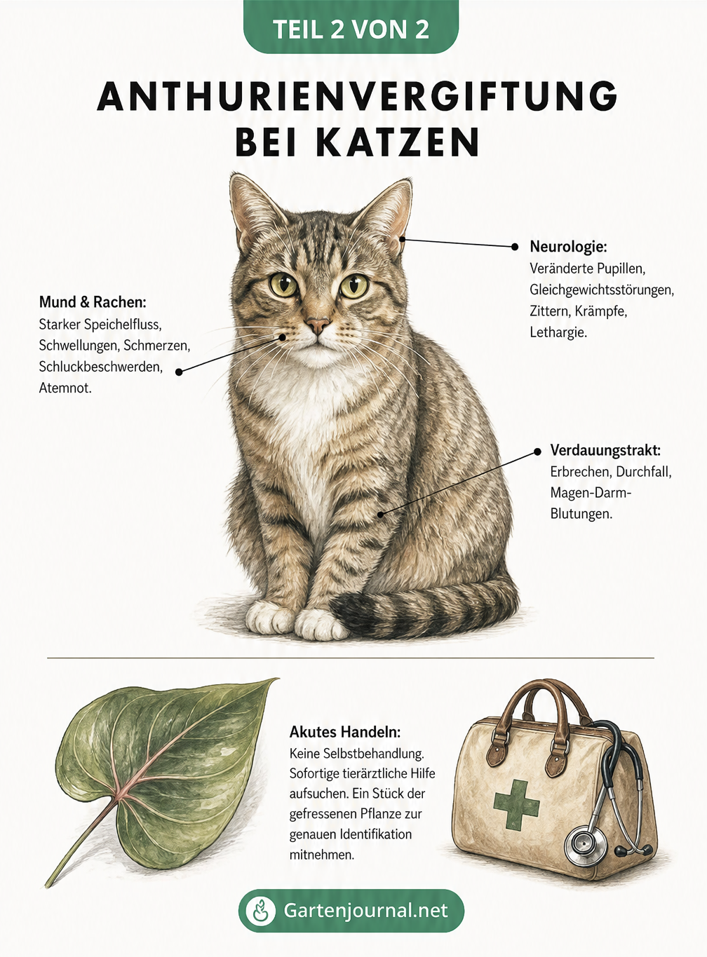 Illustration einer Katze mit Hinweisen auf Vergiftungssymptome durch Anthurien an Maul, Verdauungstrakt und Nervensystem