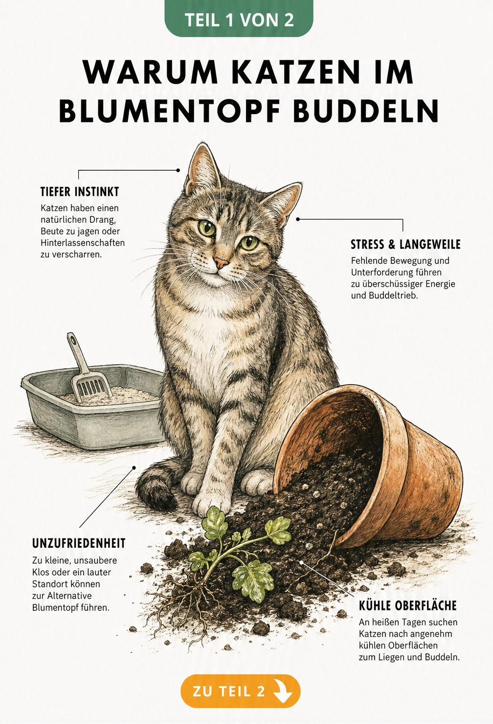 Illustration einer Katze neben einem umgekippten Blumentopf, die Gründe wie Instinkt, Stress, Unzufriedenheit mit der Toilette und Suche nach Kühle für das...
