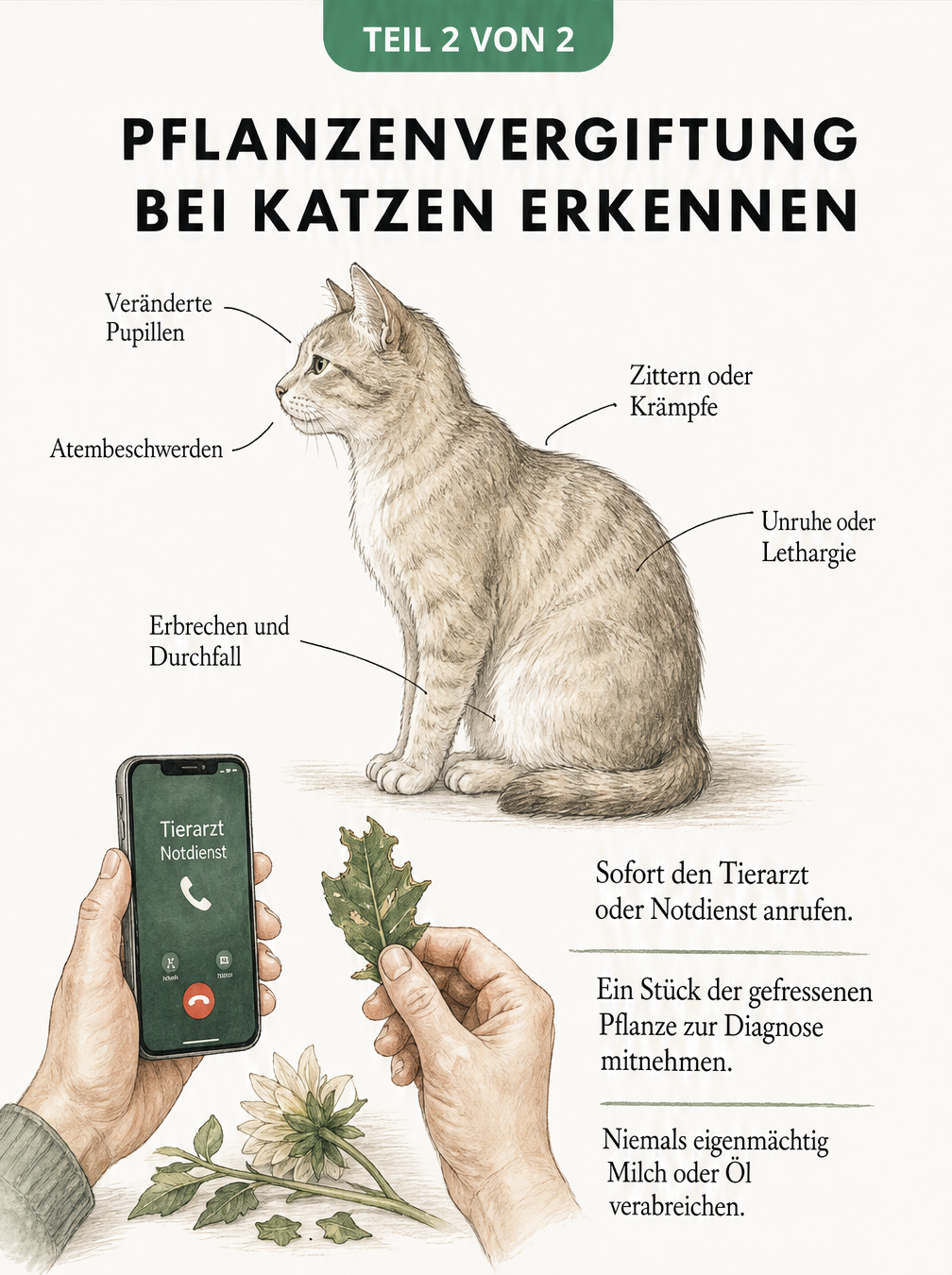 Aquarell-Skizze einer Katze, die typische Symptome einer Pflanzenvergiftung wie Erbrechen, Zittern und veränderte Pupillen zeigt.