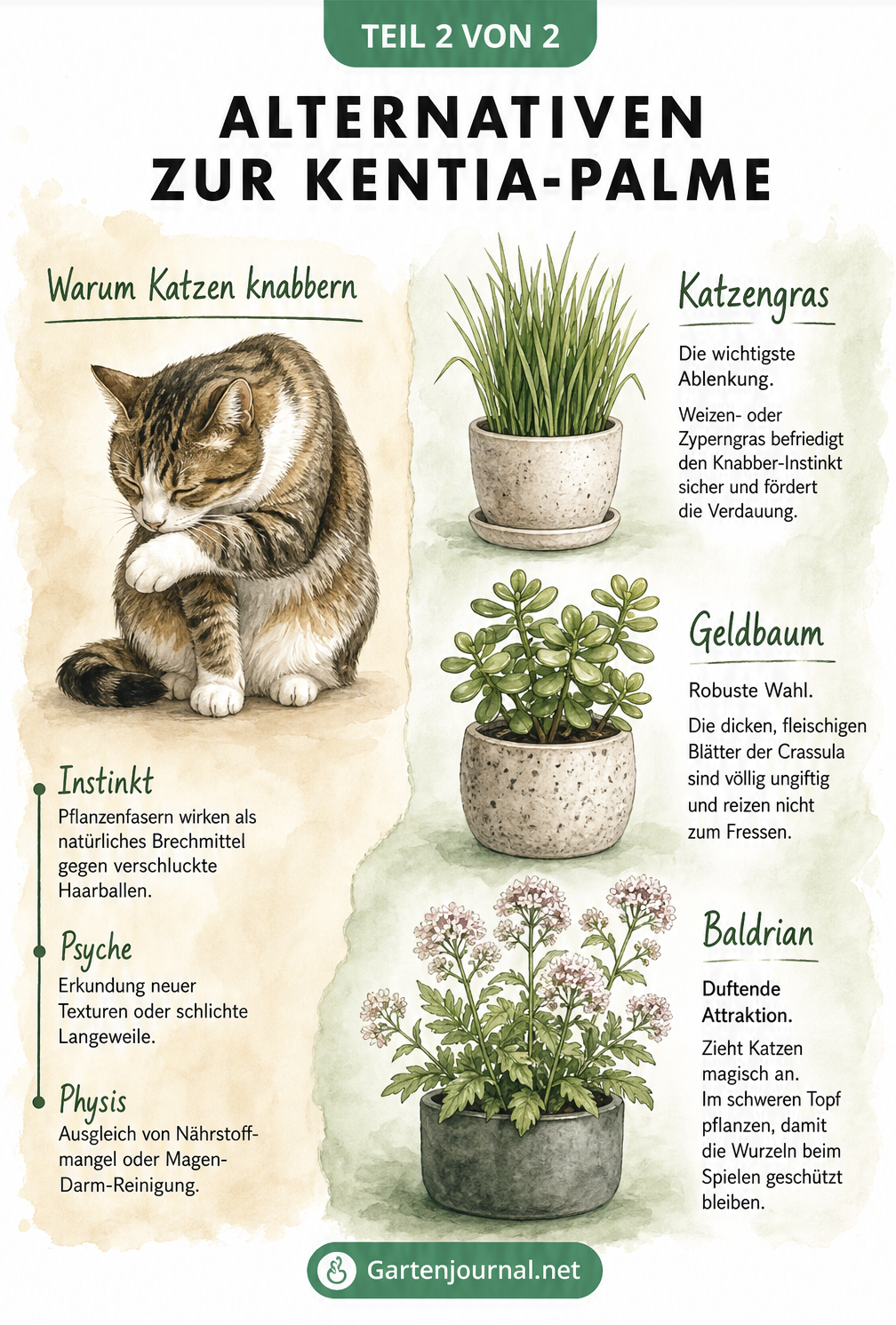 Zweigeteilte Illustration: Links eine sich putzende Katze mit Gründen fürs Pflanzenknabbern, rechts sichere Alternativen wie Katzengras, Geldbaum und Baldrian.