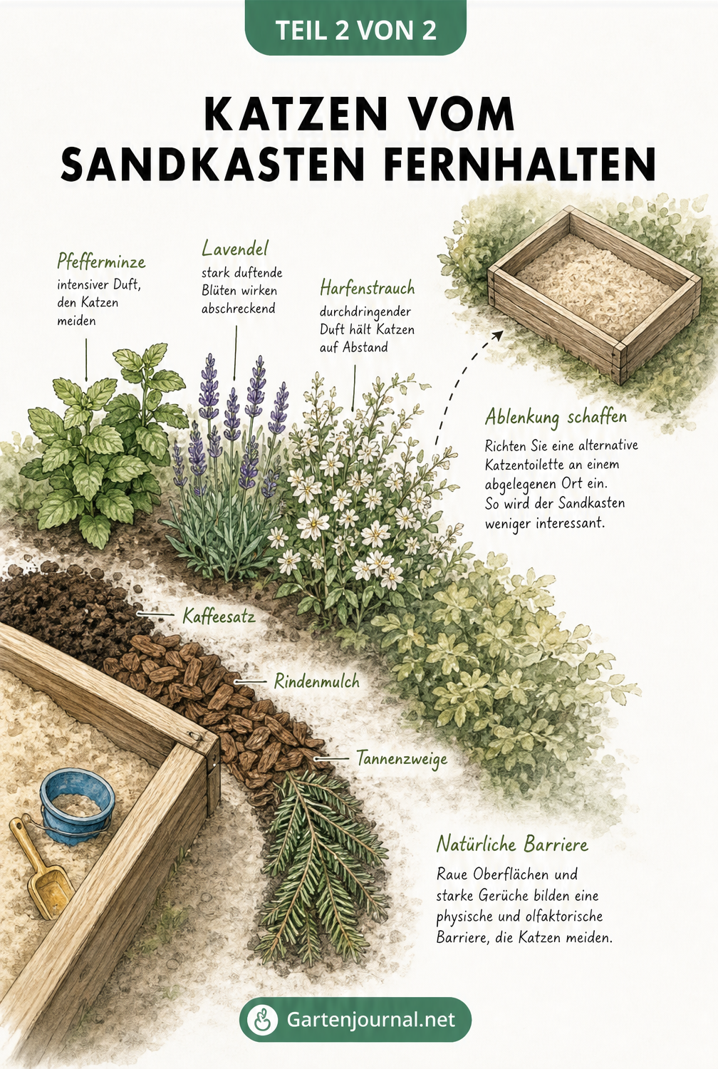 Illustration eines Gartens mit Sandkasten, umgeben von abwehrenden Pflanzen und Streumaterialien