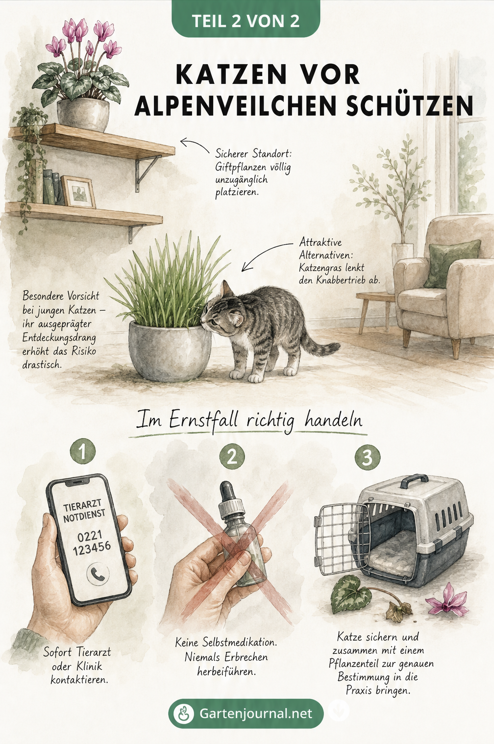 Illustration zur Vorbeugung von Alpenveilchenvergiftungen bei Katzen und Erste-Hilfe-Maßnahmen