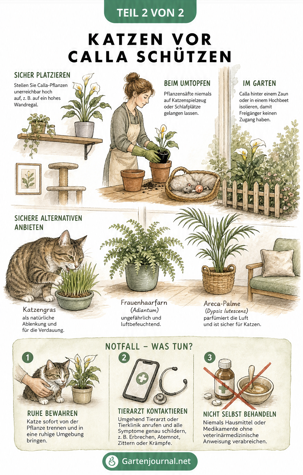Illustration eines Wohnraums mit katzensicheren Pflanzen und Notfall-Tipps bei Vergiftung
