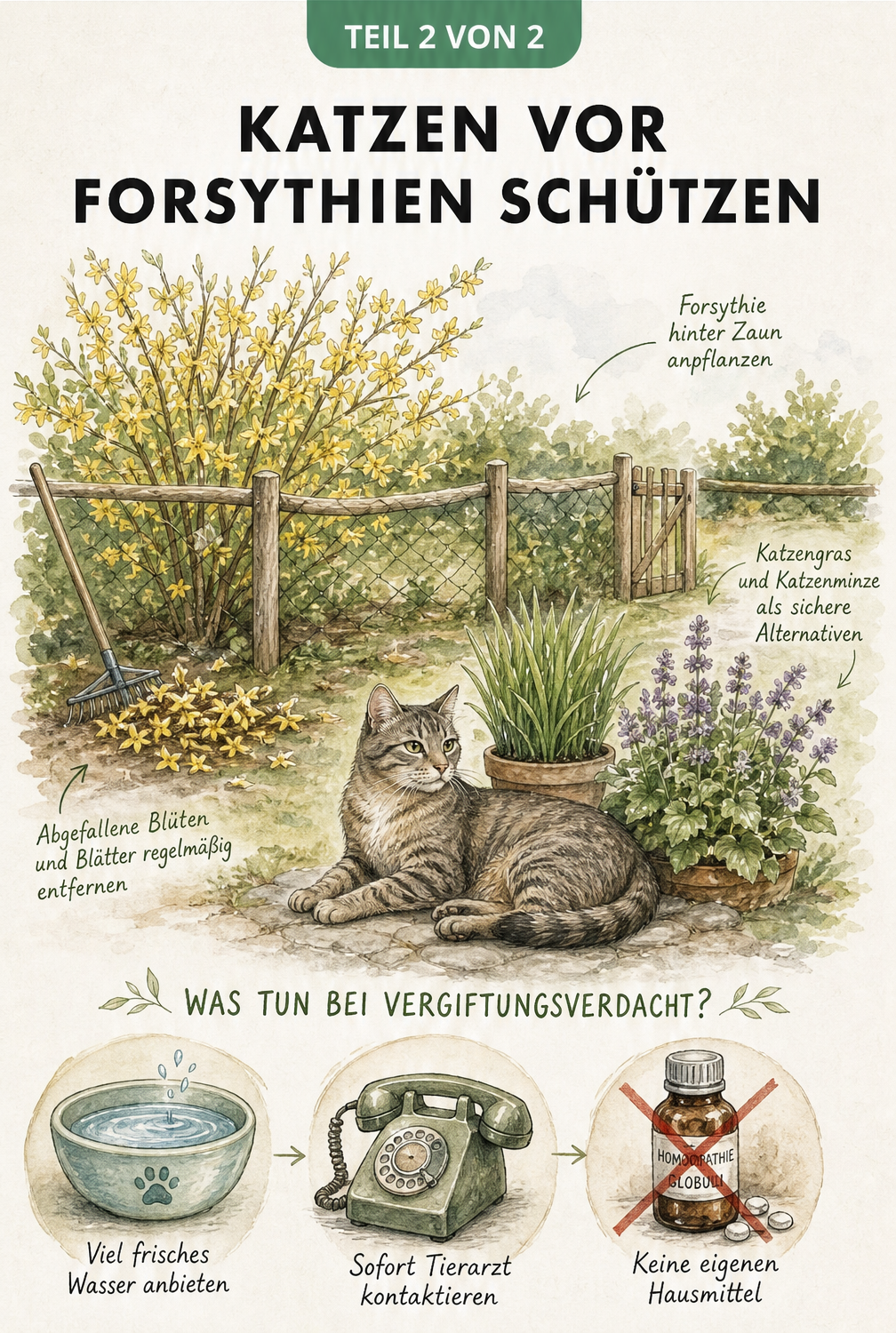 Illustration einer katzensicheren Gartenszene mit abgetrennter Forsythie und einem Notfall-Ablauf bei Vergiftungsverdacht