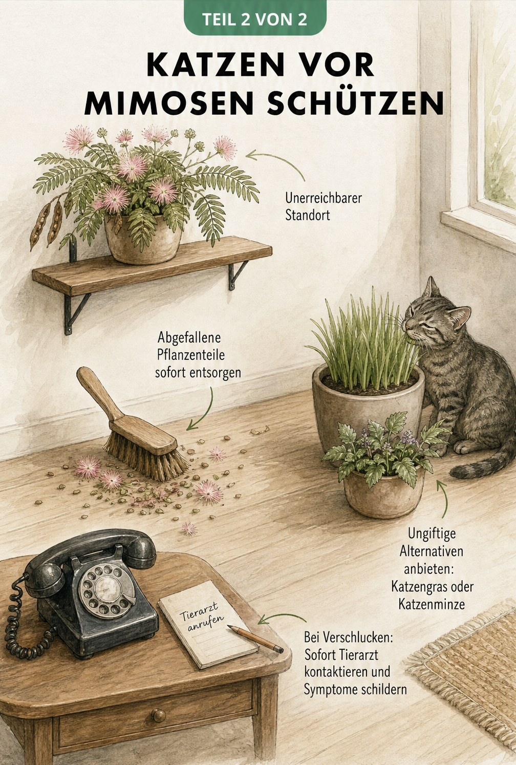 Illustration eines katzensicheren Zimmers mit Mimose auf hohem Regal und Katzengras