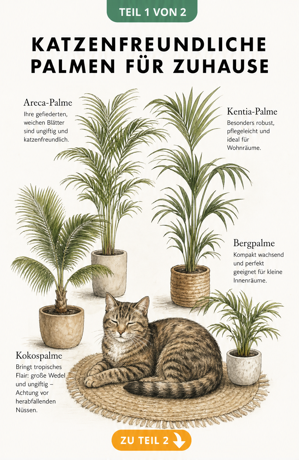 Illustration einer Katze umgeben von katzenfreundlichen Palmen wie Areca-Palme, Kentia-Palme, Kokospalme und Bergpalme