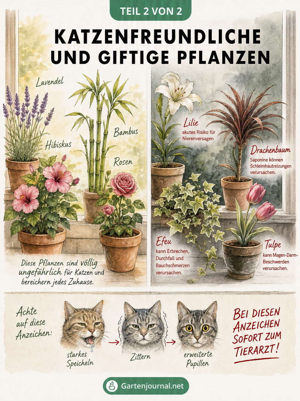 Zweigeteilte Illustration einer Fensterbank: links ungiftige Pflanzen wie Lavendel und Bambus, rechts giftige Pflanzen wie Lilie und Tulpe mit Warnhinweisen,...