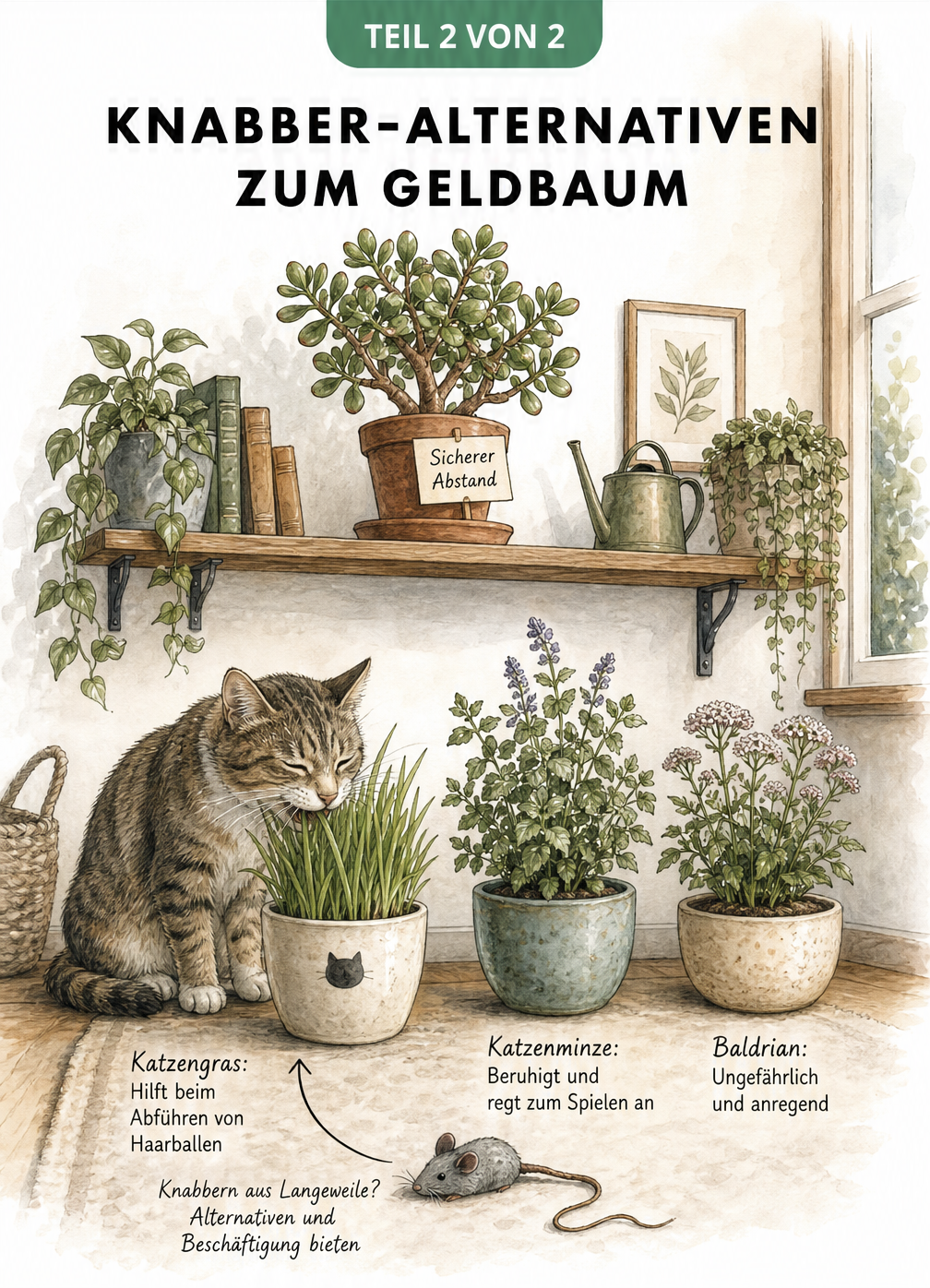 Illustration einer Katze vor Katzengras, Katzenminze und Baldrian als sichere Knabber-Alternativen zum Geldbaum.