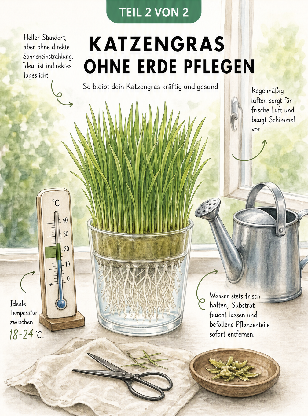 Katzengras im Glasgefäß auf der Fensterbank mit Thermometer und Gießkanne