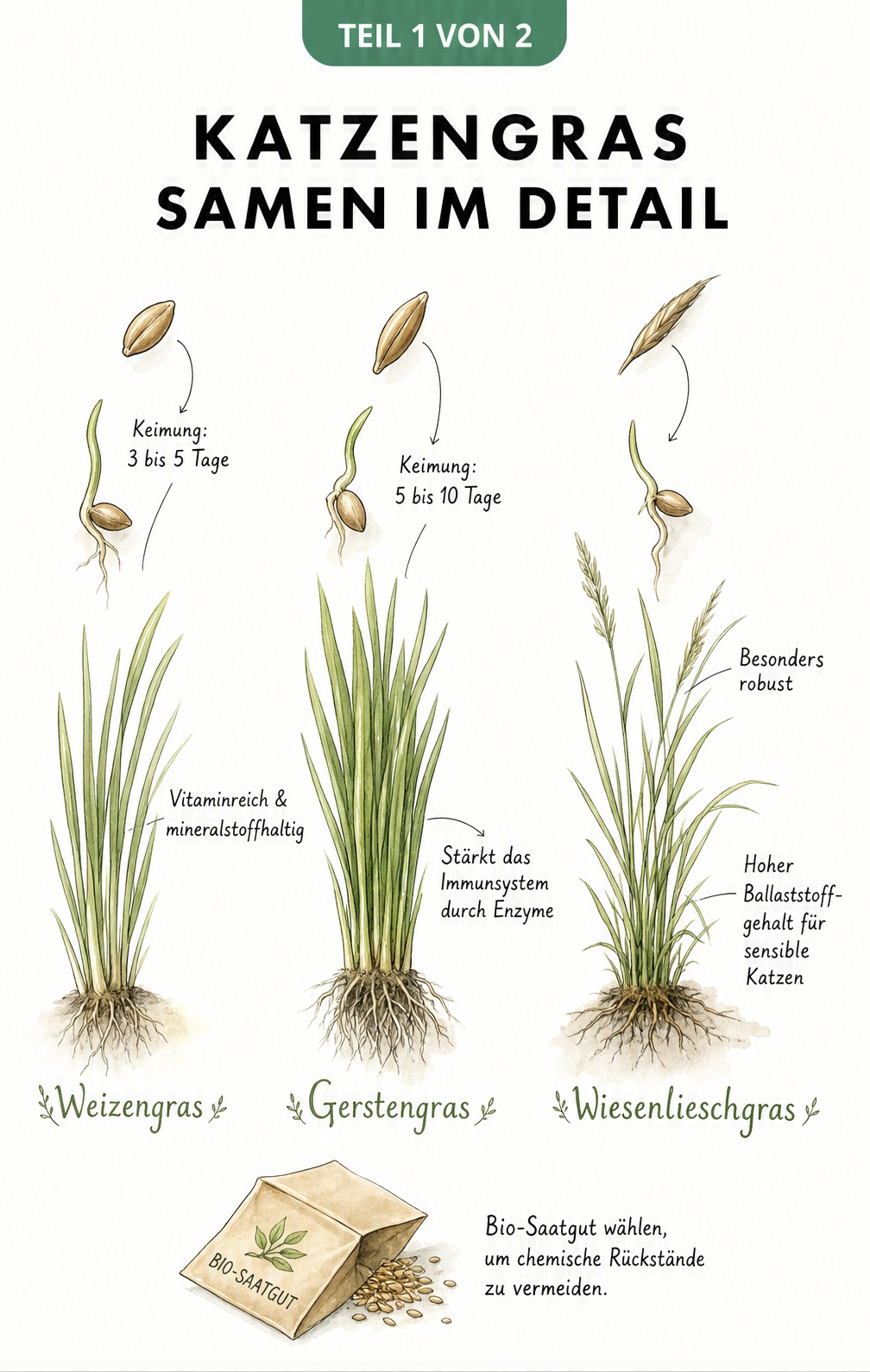 Botanische Illustration von Katzengras Samen, Weizengras, Gerstengras und Wiesenlieschgras mit Keimzeiten und Eigenschaften
