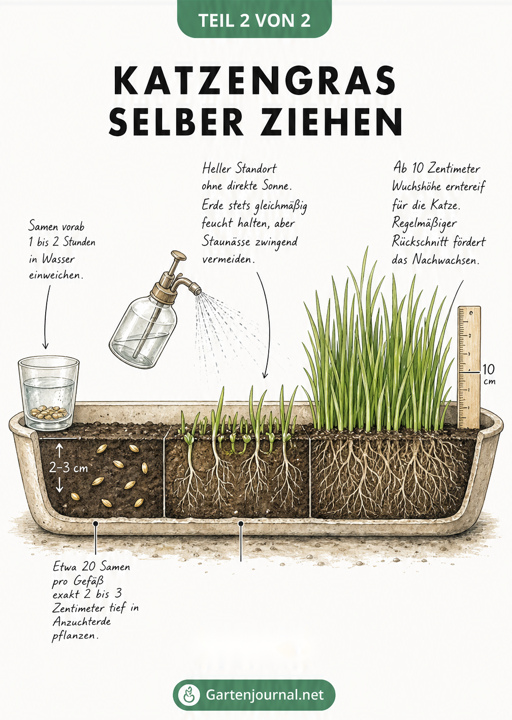 Querschnitt-Zeichnung eines Pflanzgefäßes, die den Wachstumsprozess von Katzengras von der Aussaat bis zur Ernte zeigt