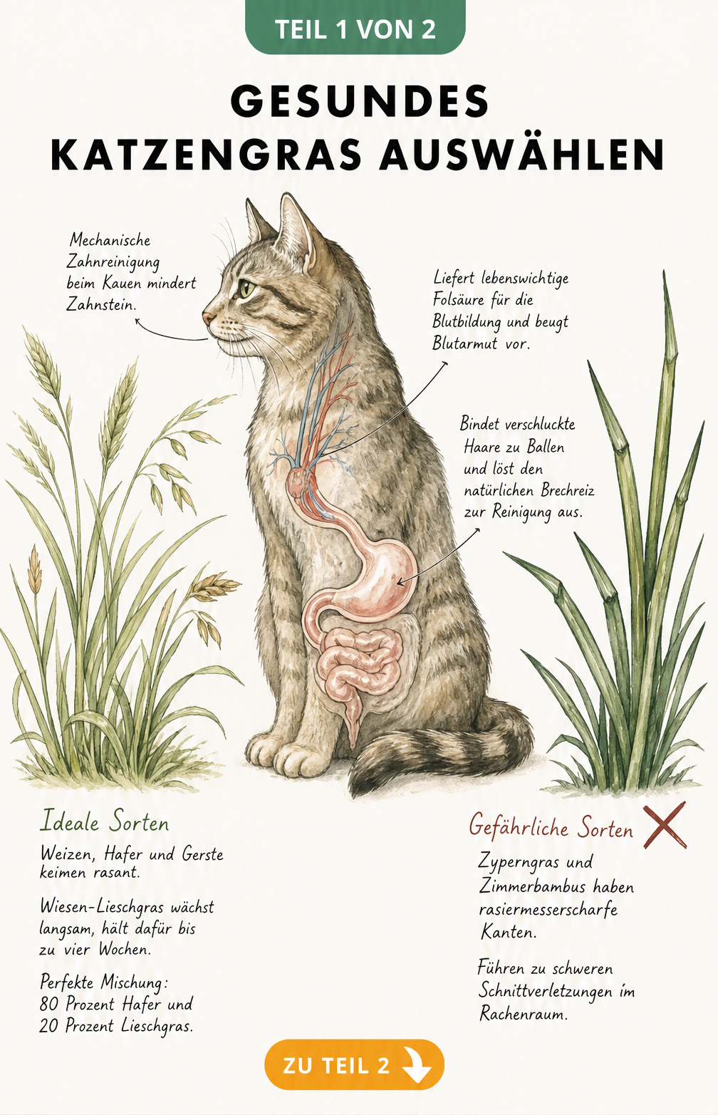 Illustration einer Katze mit Magen-Darm-Trakt und verschiedenen Katzengras-Sorten