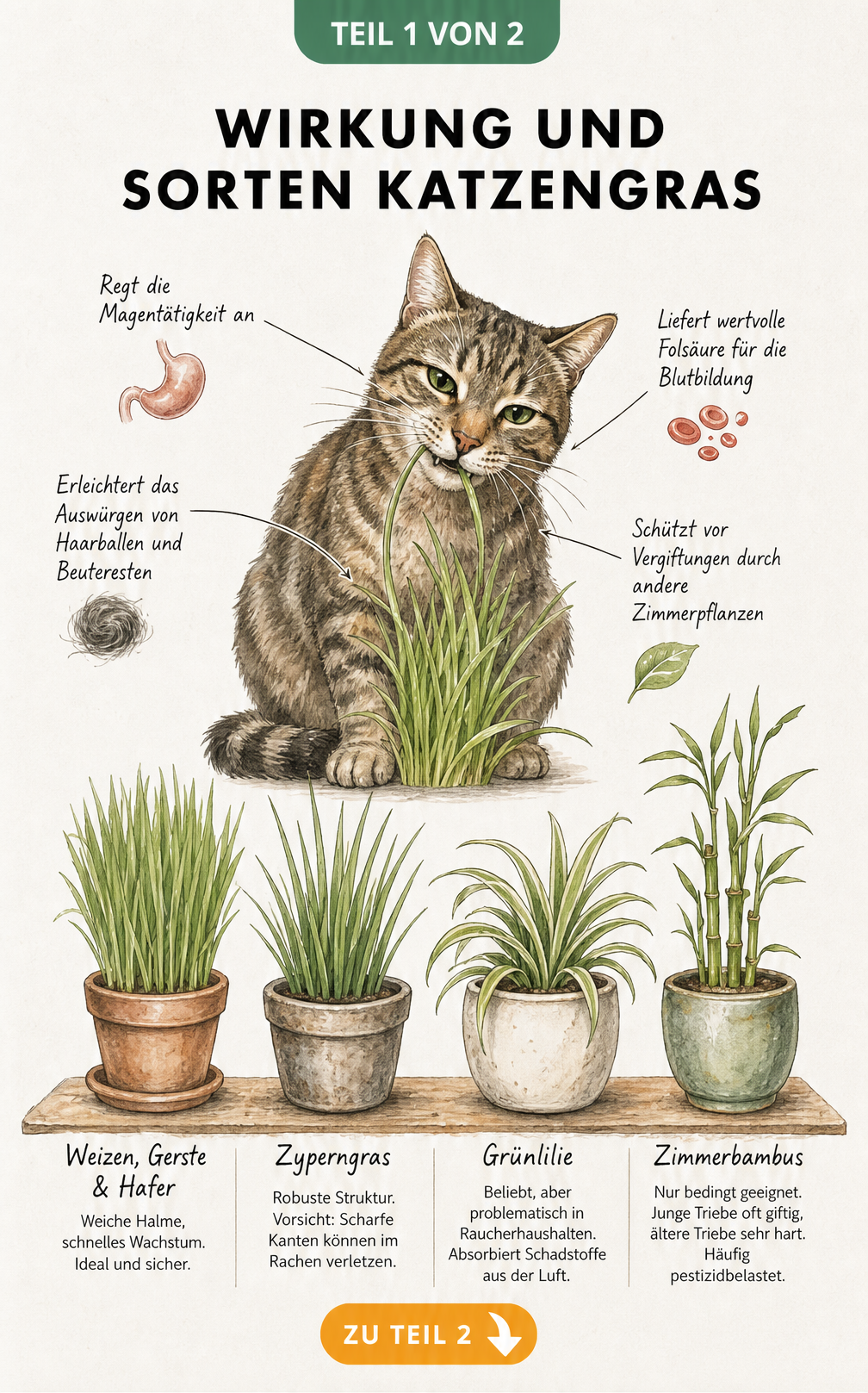 Illustration einer Katze, die an Katzengras kaut, mit Erklärungen zur Wirkung auf Magen und Blutbahn sowie vier verschiedenen Katzengras-Sorten im Topf.