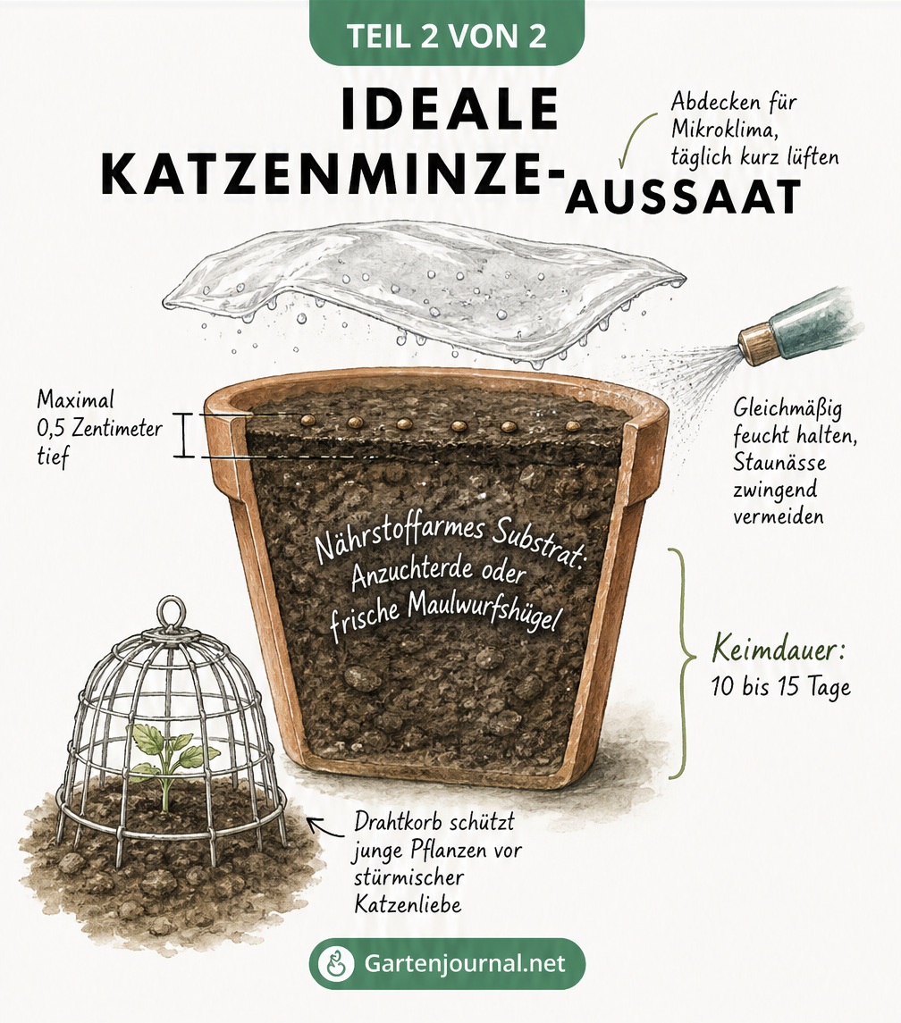 Querschnitt eines Anzuchttopfs für Katzenminze mit Samen, Erde und Feuchtigkeit