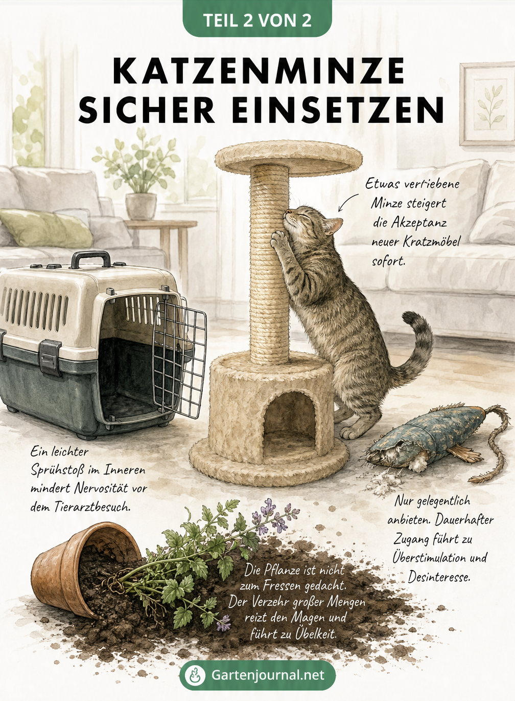 Illustration von Transportbox, Kratzbaum und Katzenspielzeug mit Tipps zur sicheren Anwendung von Katzenminze.