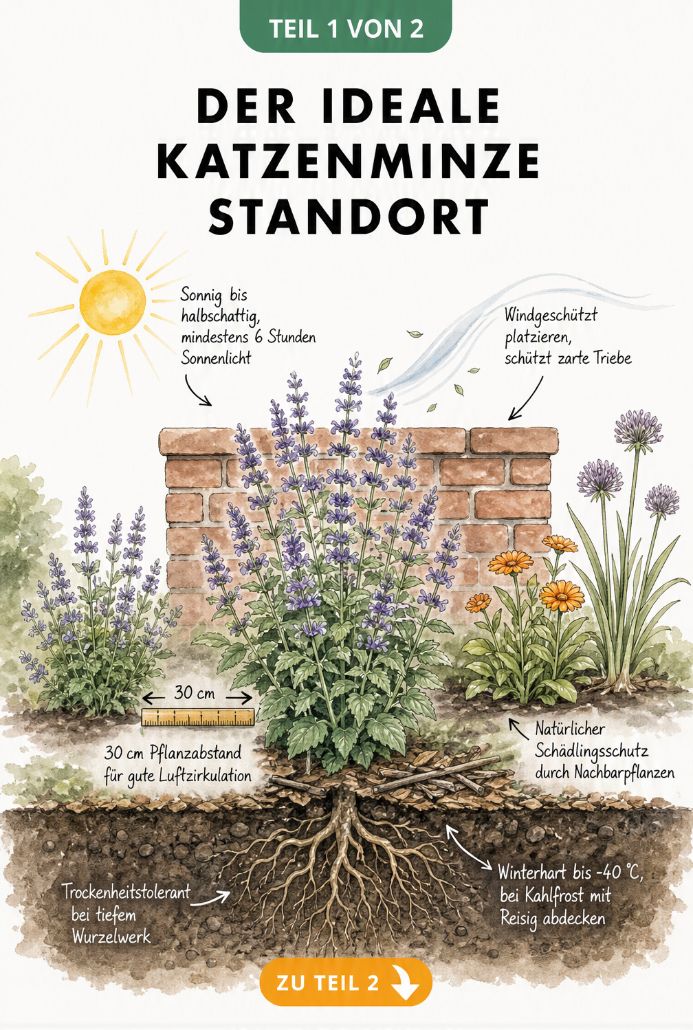 Querschnitt eines Gartenbeets mit Katzenminze vor einer Ziegelmauer, zeigt optimale Wachstumsbedingungen wie Sonne, Windschutz und Pflanzabstand.