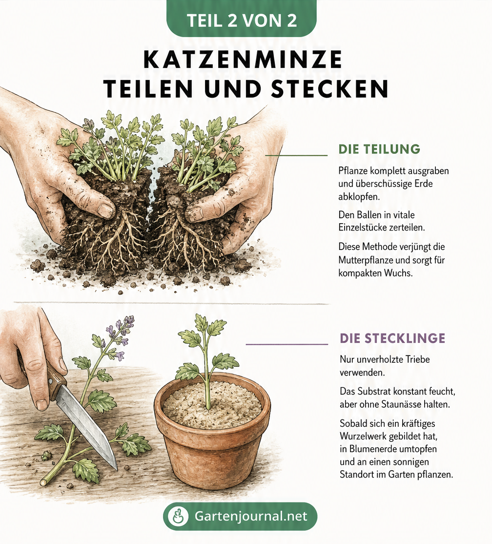 Detailansicht zur vegetativen Vermehrung von Katzenminze durch Teilung des Wurzelballens und Schneiden von Stecklingen