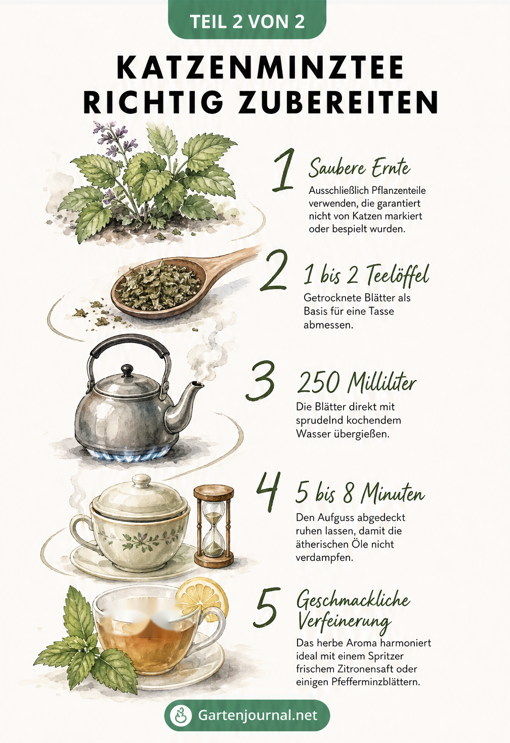 Aquarell-Illustration zur Zubereitung von Katzenminztee mit Schritten von der Ernte bis zur fertigen Tasse