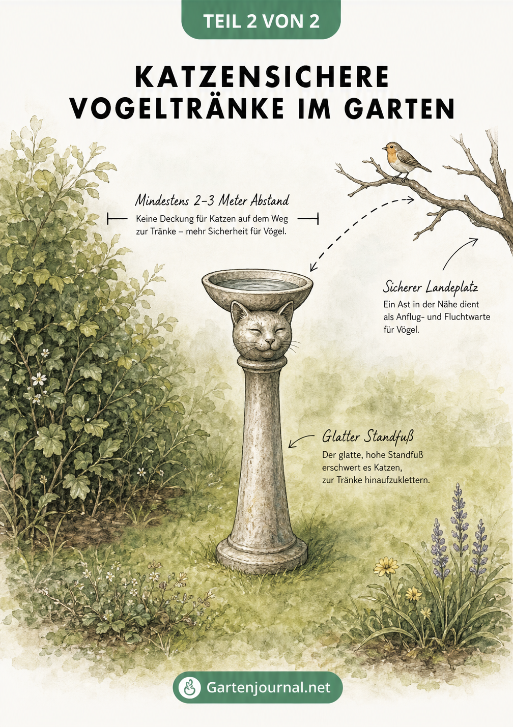 Aquarell-Illustration einer katzensicheren Vogeltränke auf hohem Standfuß mit Maßlinien zum Gebüsch