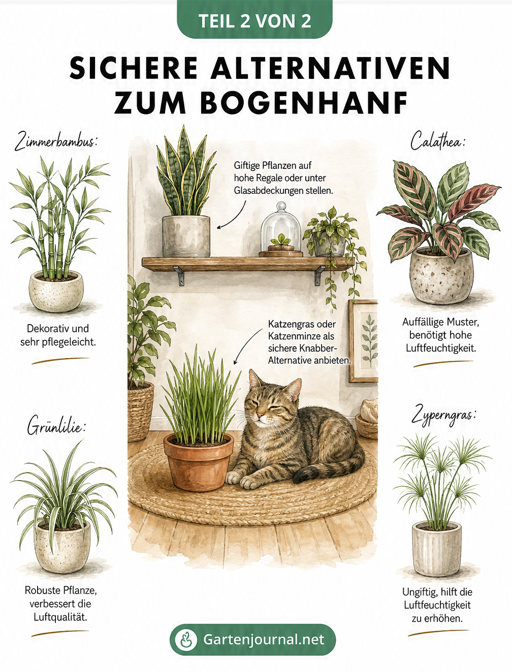 Wohnszene mit Katze und katzensicheren Pflanzen wie Zimmerbambus, Calathea, Grünlilie und Zyperngras