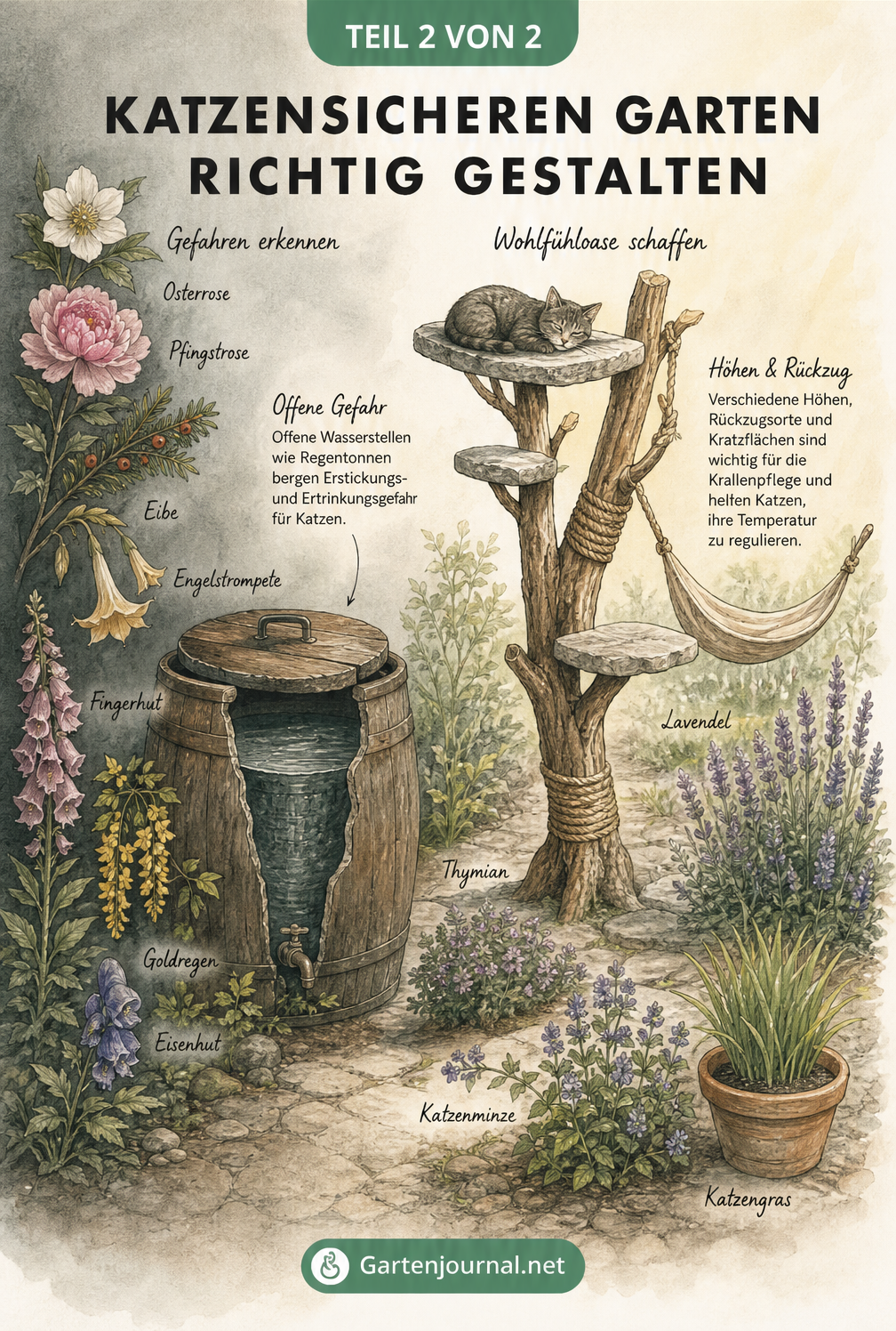 Illustration eines katzensicheren Gartens mit Giftpflanzen, abgedeckter Regentonne und einer Wohlfühloase mit Kratzbaum und Katzenminze
