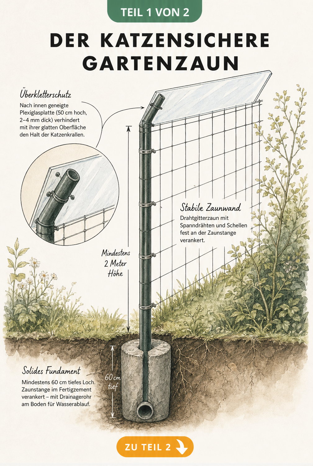 Schnittdarstellung eines katzensicheren Gartenzauns mit Fundament, Drahtzaun und Plexiglas-Überkletterschutz