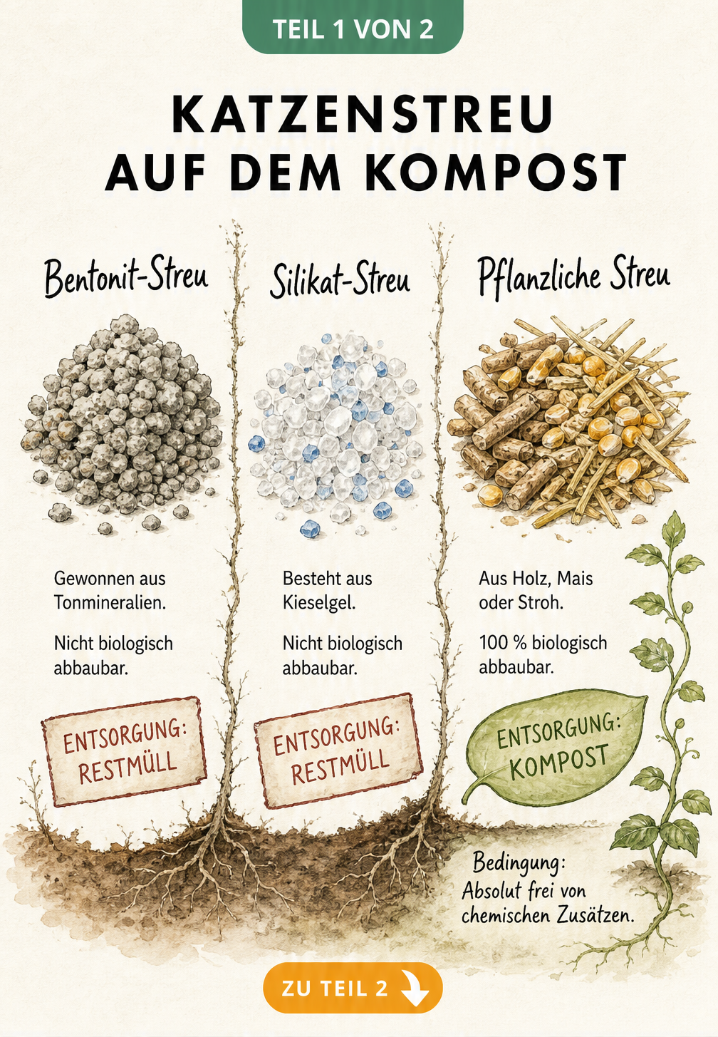 Illustration verschiedener Katzenstreu-Arten: Bentonit, Silikat und pflanzliche Streu mit Hinweisen zur Entsorgung