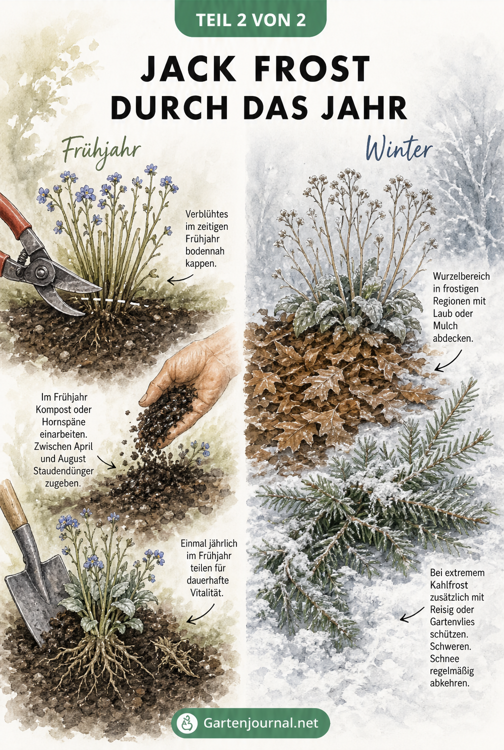 Zweigeteilte Illustration des Kaukasus-Vergissmeinnicht 'Jack Frost' im Frühjahr beim Rückschnitt und im Winter unter einer Laubschicht