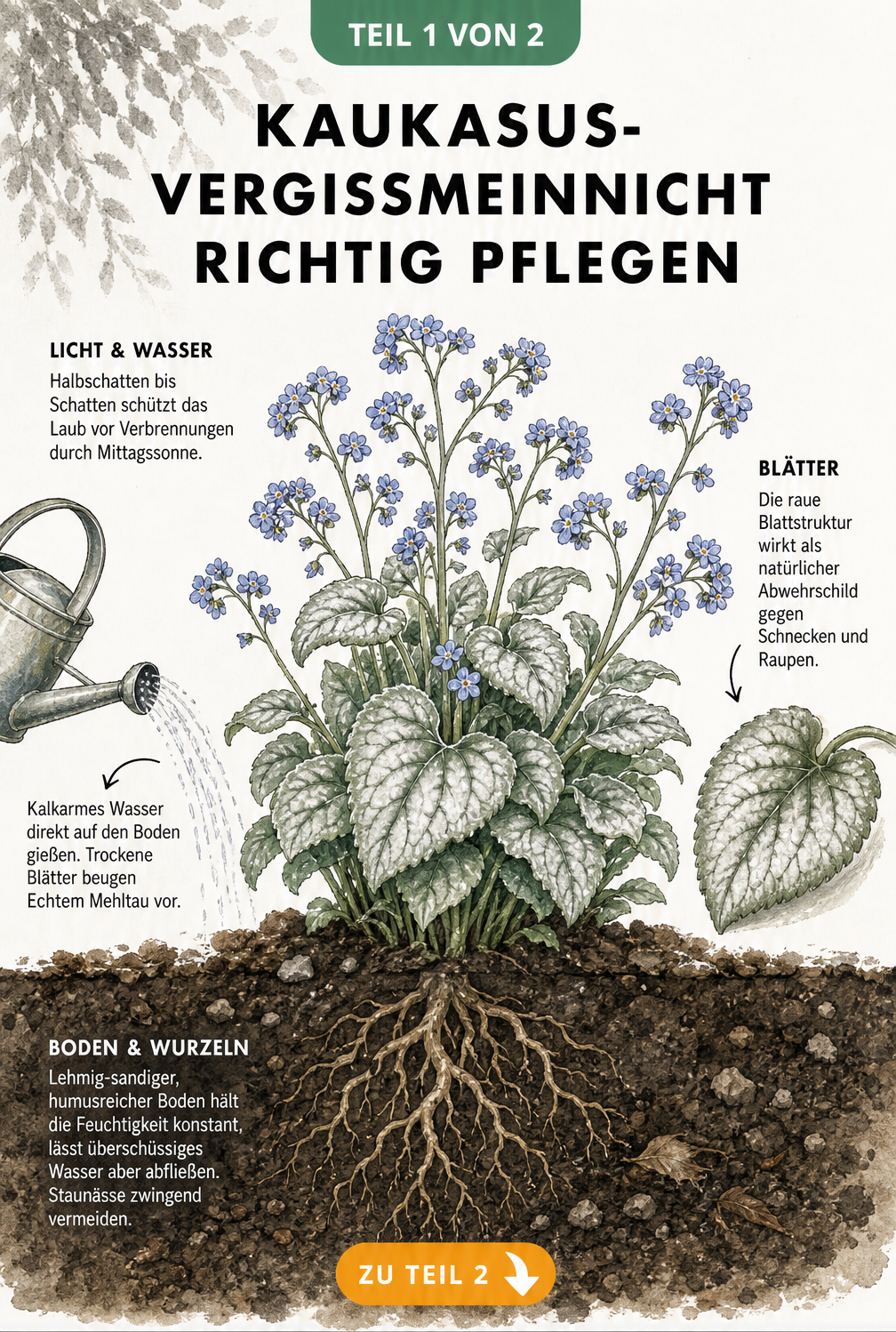 Botanische Illustration des Kaukasus-Vergissmeinnicht 'Jack Frost' mit Pflegehinweisen zu Licht, Wasser, Blättern und Boden