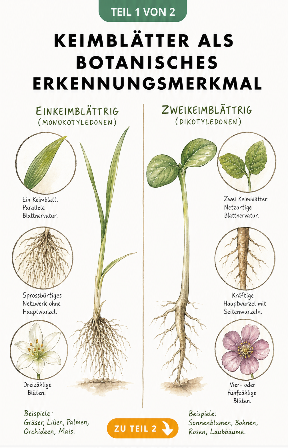 Botanische Illustration von einkeimblättrigen und zweikeimblättrigen Pflanzen mit Details zu Blättern, Wurzeln und Blüten