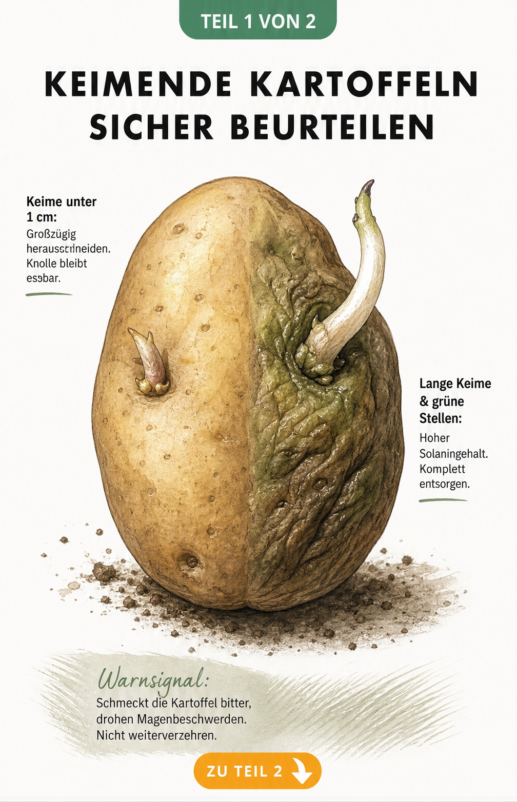 Botanische Illustration einer Kartoffel, die den Übergang von gesund zu verdorben zeigt, mit Hinweisen zur Essbarkeit bei Keimen.