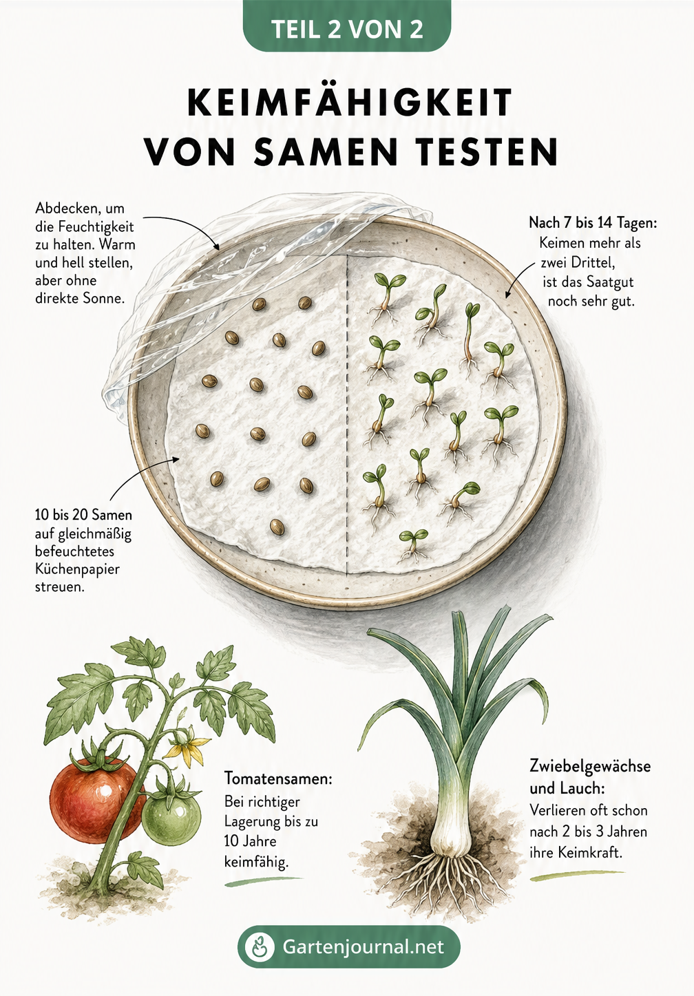 Aufsicht auf einen Teller mit feuchtem Küchenpapier, auf dem links ungekeimte Samen und rechts grüne Keimlinge nach 7 bis 14 Tagen zu sehen sind.